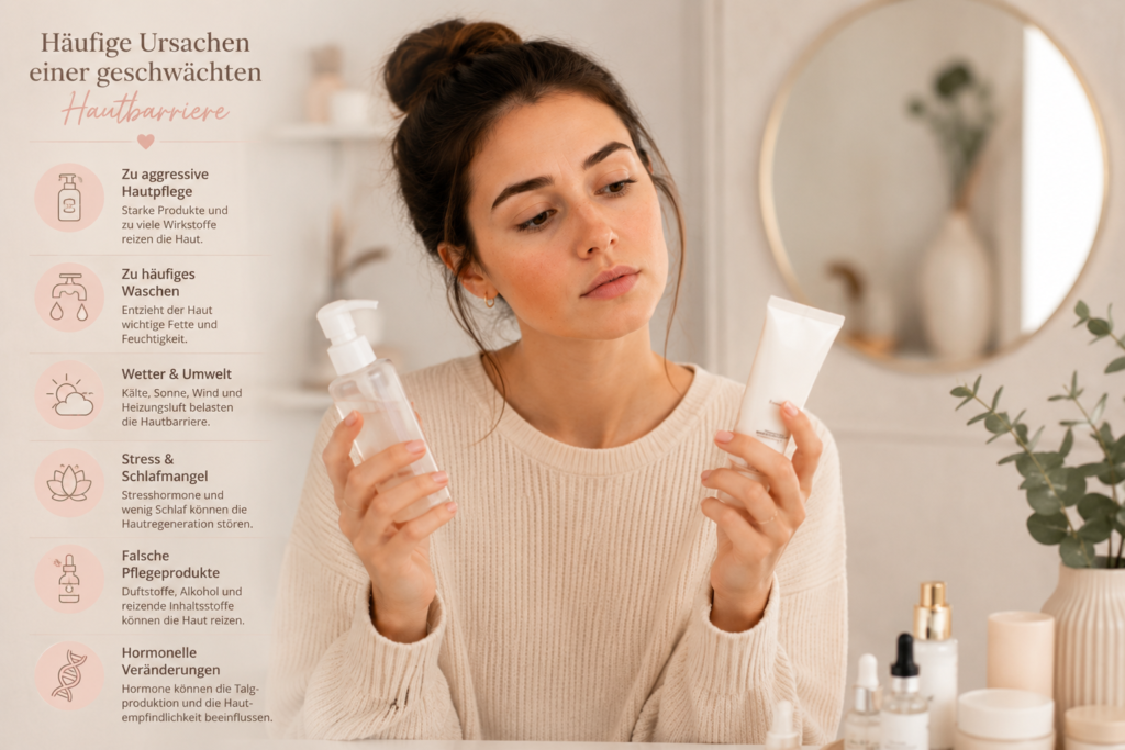 Frau hält Hautpflegeprodukte in der Hand und überlegt, welche Pflege für empfindliche Haut geeignet ist