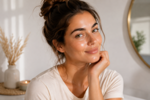 Frau mit natürlicher, strahlender Haut und frischem Glow ohne schwere Foundation.