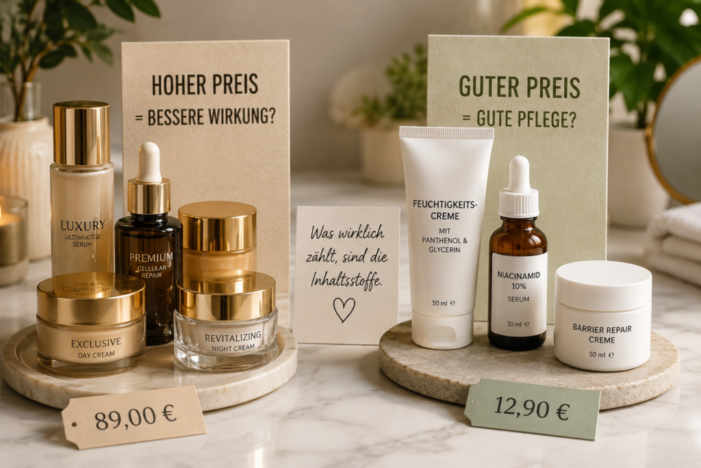 Vergleich zwischen teurer und günstiger Hautpflege mit Fokus auf Inhaltsstoffe statt Preis