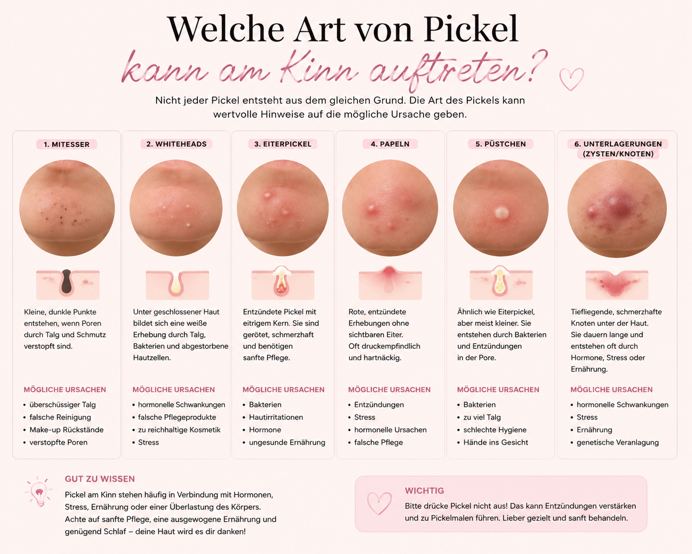 Welche Art von Pickel am Kinn? Übersicht über Mitesser, Whiteheads, Eiterpickel, Papeln, Pusteln und Unterlagerungen.
