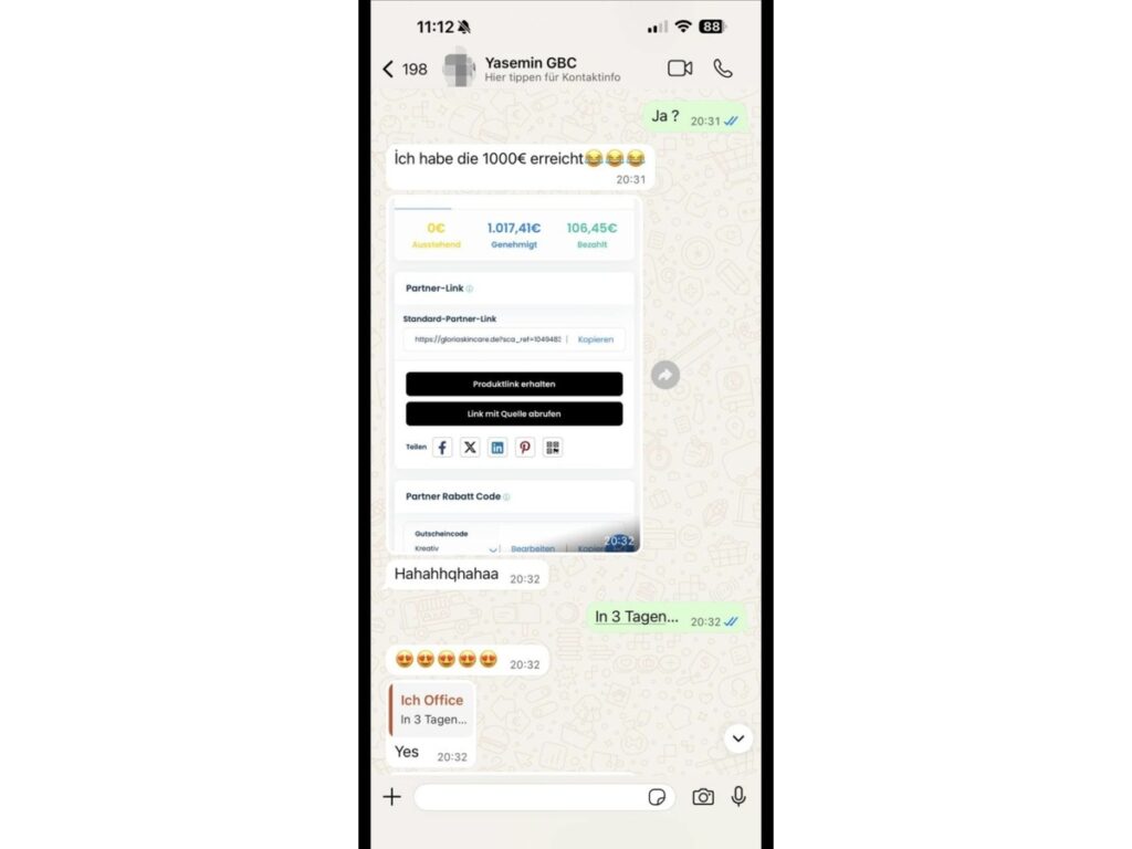 Screenshot einer Erfolgsgeschichte aus der Gloria Business Circle Community mit über 1.000 € genehmigten Provisionen.