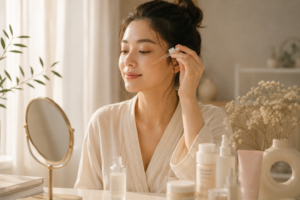 Alt-Text Frau trägt Serum als Teil einer koreanischen Hautpflegeroutine aufAlt-Text Frau trägt Serum als Teil einer koreanischen Hautpflegeroutine auf