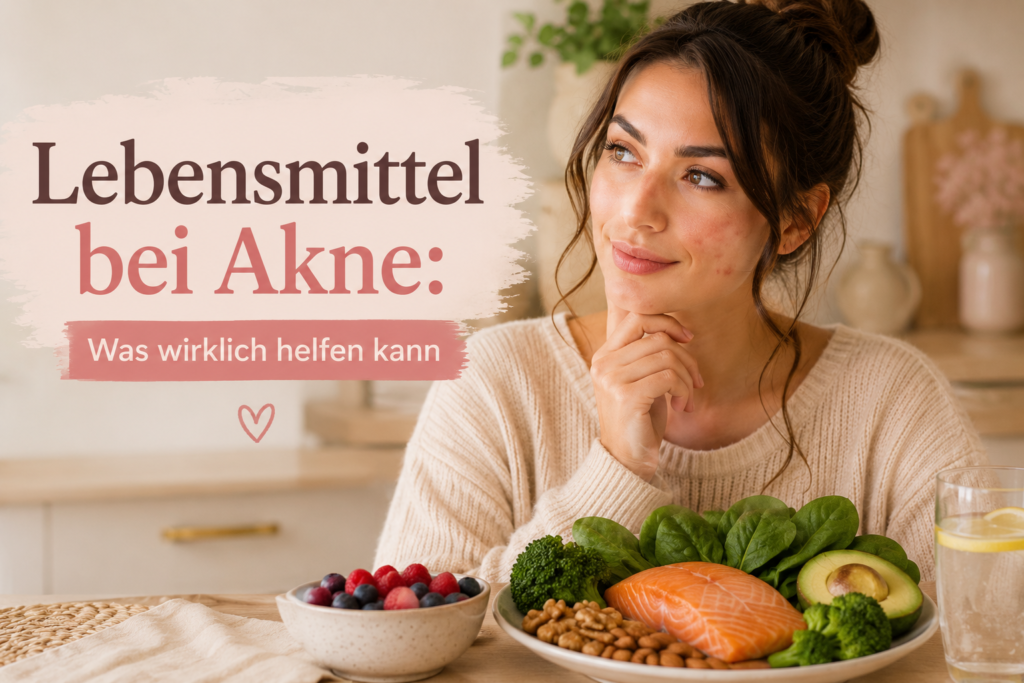 Lebensmittel bei Akne: Frau mit gesunden Lebensmitteln in der Küche