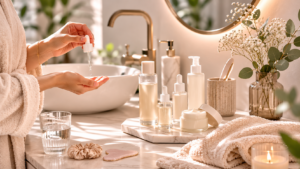 Entspannte koreanische Hautpflegeroutine mit Hautpflegeprodukten und Spa-Atmosphäre