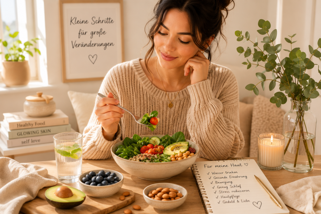 Frau mit gesunder Mahlzeit als Beispiel für eine ausgewogene Ernährung bei Akne