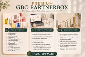 Übersicht der Gloria Business Circle Premium Partnerbox mit Glow Package, Digital Package und Boni Package für den professionellen Einstieg ins Partnerprogramm.