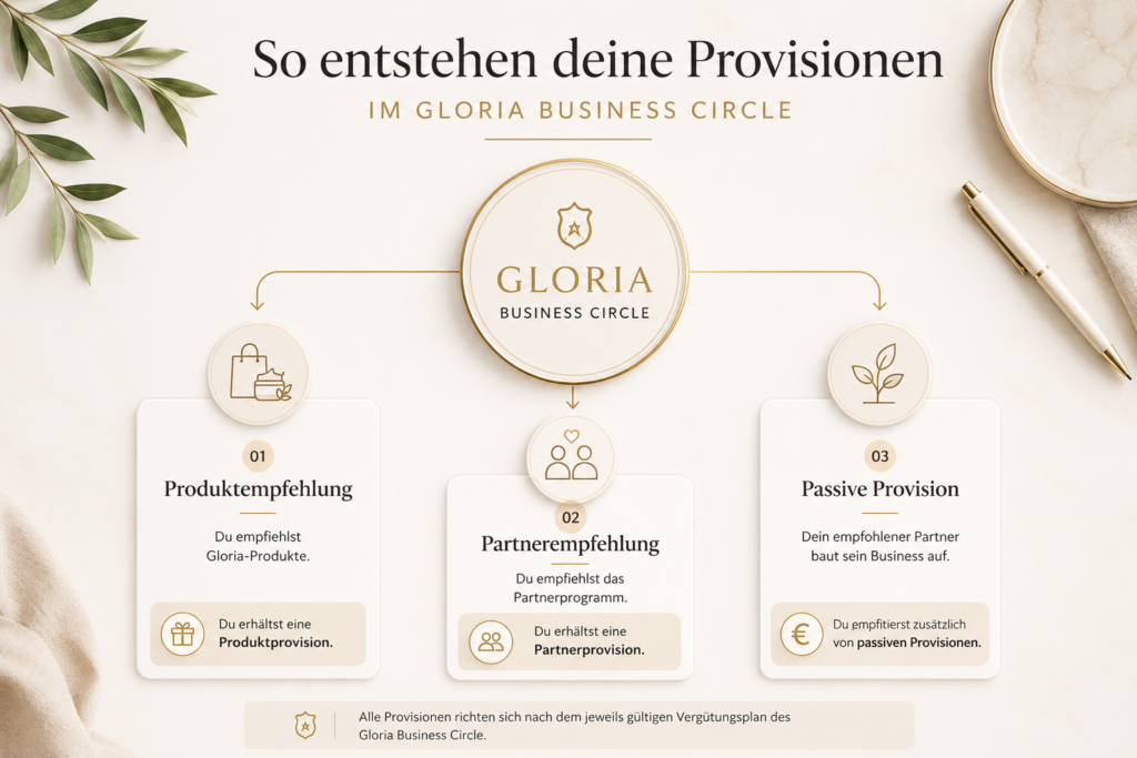 Infografik zur Erklärung der Produktprovision, Partnerprovision und passiven Provision im Gloria Business Circle.