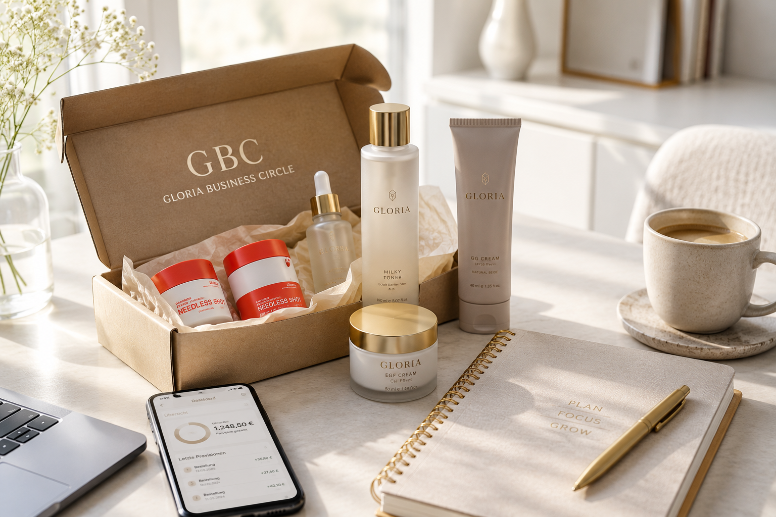 Starterbox des Gloria Business Circle mit Gloria Skincare Produkten auf einem Schreibtisch – Partnerprogramm für Hautpflege und Online-Business.