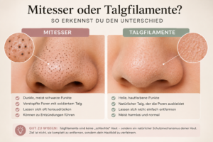 Vergleich zwischen Mitessern und Talgfilamenten auf einer Nase mit Erklärung der wichtigsten Unterschiede.