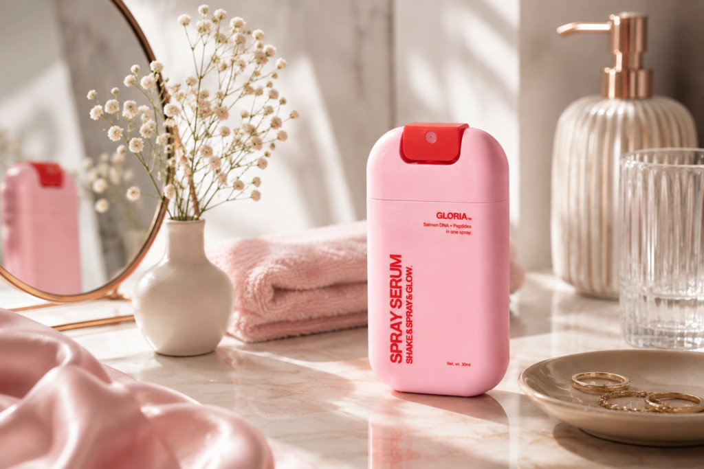 Gloria PDRN Spray Serum auf einem eleganten Schminktisch mit Spiegel und Hautpflege-Accessoires.
