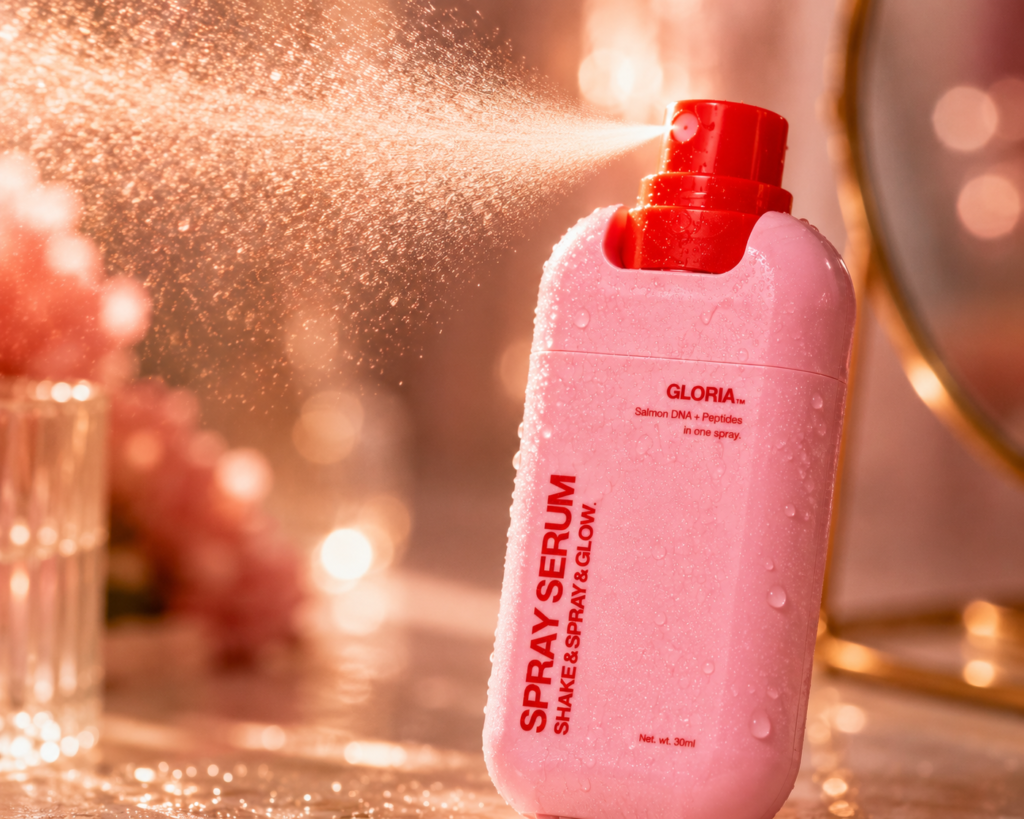 Gloria PDRN Spray Serum beim Aufsprühen mit feinem Sprühnebel für einen frischen Glow.