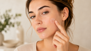 Frau mit transparentem Hydrocolloid-Patch auf einem unterirdischen Pickel an der Wange